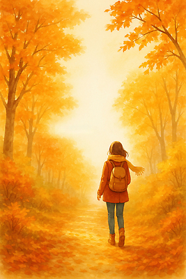 JPG 나무 길 여유 컬러 단풍 가방 일러스트 자연 하늘 풍경 소녀 햇빛 걷기 소리 산책 등산 숲 국내일러스트 AI일러스트 AI콘텐츠 식물 잡화 여자 감정 어린이 잎 모션 휴식 태양 트래킹 생태계 파일형식