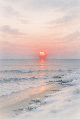 JPG 파도 바다 컬러 겨울 일러스트 자연 풍경 해변 빛 고요 일몰 차가움 조용 뷰티풀 수평선 국내일러스트 AI일러스트 AI콘텐츠 계절 노을 생태계 파일형식