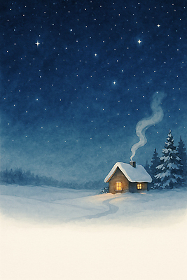 JPG 나무 겨울 일러스트 자연 하늘 거리 따뜻함 굴뚝 풍경 초원 빛 평화 소리 고요 연기 차가움 숲 오두막 별빛 국내일러스트 AI일러스트 AI콘텐츠 식물 계절 별 컨셉 생태계 파일형식