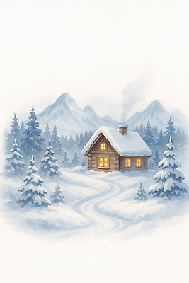 JPG 나무 여행 겨울 일러스트 자연 산 주택 따뜻함 풍경 빛 평화 흰색 숲 편안함 오두막 조용 산속 눈덮임 국내일러스트 AI일러스트 AI콘텐츠 식물 계절 컬러 컨셉 건물 감각 생태계 파일형식