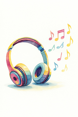 JPG 디자인 감정 예술 음악 컬러 백그라운드 음표 일러스트 취미 헤드폰 소리 감상 즐거움 그림 복고 생동감 창의력 국내일러스트 AI일러스트 AI콘텐츠 기호 음향기기 문화예술 파일형식