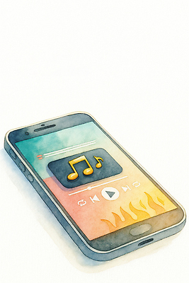 JPG 디자인 감정 음악 컬러 일러스트 불꽃 기술 스마트폰 디지털 스크린 소리 매력적 전달 복고 재생 창의력 플레이어 국내일러스트 AI일러스트 AI콘텐츠 컨셉 불 문화예술 핸드폰 스마트기기 파일형식