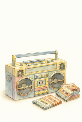 JPG 디자인 예술 음악 컬러 일러스트 탁자 인테리어 소리 장비 카세트테이프 빈티지 추억 오브젝트 라디오 복고 오디오 테이프 창작 80년대 국내일러스트 AI일러스트 AI콘텐츠 가구 컨셉 문화예술 문구용품 전자제품 파일형식