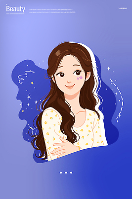 캐릭터 긴머리 디자인 여자 패션 행복 별 예술 하늘색 백그라운드 일러스트 갈색머리 표정 미소 청춘 뷰티 매력적 파마 그림 뷰티풀 스타일 국내일러스트 AI파일 자연요소 헤어스타일 감정 컨셉 사람 파란색 파일형식 벡터