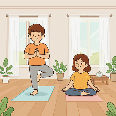 식물 웰빙 여자 남자 일러스트 요가 모션 주택 실내 건강 운동 평화 스트레칭 편안함 균형 집중 연습 명상 습관 정신건강 국내일러스트 AI파일 컨셉 사람 내부 건물 감각 파일형식 벡터