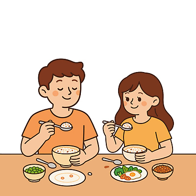 여자 남자 음식 일러스트 가족 식탁 반찬 함께함 따뜻함 건강 대화 친구 식사 시골 저녁 편안함 즐거움 죽 습관 국내일러스트 AI파일 감정 컨셉 관계 탁자 말하기 사람 감각 야간 파일형식 벡터