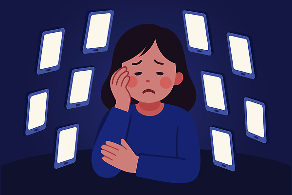 감정 일러스트 통신 스트레스 기술 소녀 친구 스마트폰 디지털 스크린 고요 고독 불안 고민 심리 소통 고립 심각 우울증 디톡스 국내일러스트 AI파일 여자 어린이 컨셉 관계 건강 핸드폰 스마트기기 질병 파일형식 벡터