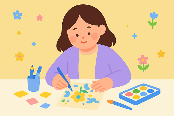 꽃 여유 예술 컬러 백그라운드 일러스트 모션 놀이 소녀 노란색 평화 디지털 물감 작업 집중 즐거움 그림 꽃그림 창의성 디톡스 국내일러스트 AI파일 식물 여자 감정 어린이 컨셉 건강 미술도구 파일형식 벡터