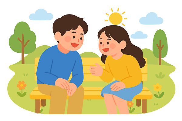 나무 공원 여자 남자 꽃 행복 여유 벤치 일러스트 자연 따뜻함 대화 웃음 풍경 여러명 친구 햇빛 디지털 만남 즐거움 소통 오후 디톡스 국내일러스트 AI파일 식물 공공시설 감정 다수 컨셉 의자 관계 표정 건강 말하기 사람 태양 생태계 파일형식 벡터