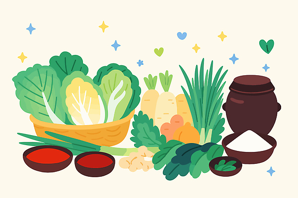 전통 음식 컬러 채소 일러스트 재료 김치 한국 건강 요리 식사 신선 항아리 맛 무 배추 소금 김장 파 손질 고춧가루 국내일러스트 AI파일 아시아 한식 컨셉 뿌리채소 도자기 가루 파일형식 벡터