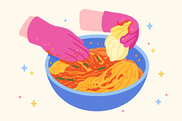 전통 그릇 손 음식 컬러 장갑 채소 일러스트 재료 주방용품 김치 한국 요리 양념 맛 혼합 준비 만들기 김장 과정 정성 국내일러스트 AI파일 식기 잡화 아시아 한식 생활용품 컨셉 모션 신체부위 파일형식 벡터