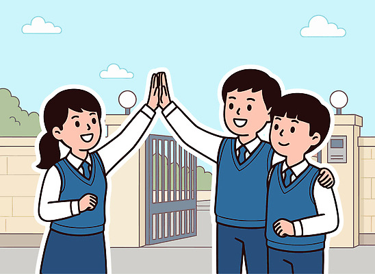 학생 여학생 행복 교복 어린이 남학생 일러스트 교실 학교 모션 출입구 함께함 웃음 친구 학습 기쁨 즐거움 하이파이브 소통 국내일러스트 AI파일 옷 여자 교육 남자 감정 컨셉 관계 표정 사람 손짓 파일형식 벡터