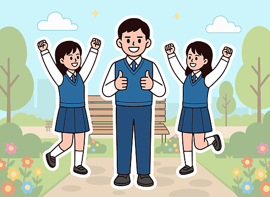 학생 공원 여학생 행복 화초 남학생 백그라운드 일러스트 응원 모션 협력 거리 야외 친구 햇빛 기쁨 만세 즐거움 긍정 소통 국내일러스트 AI파일 식물 공공시설 여자 남자 감정 컨셉 관계 태양 파일형식 벡터