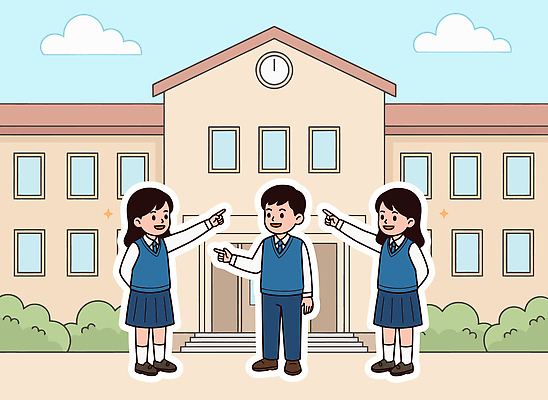 나무 학생 여학생 교육 교복 남학생 일러스트 교실 학교 모션 청소년 대화 웃음 건물 일상 대학교 지적 소통 국내일러스트 AI파일 식물 건축물 옷 여자 남자 컨셉 표정 말하기 사람 라이프 파일형식 벡터