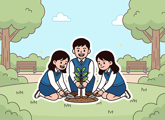 나무 식물 학생 공원 교육 일러스트 모션 자연 날씨 협력 잔디 친구 환경 성장 보호 소중 즐거움 심기 회복 국내일러스트 AI파일 공공시설 감정 컨셉 관계 생태계 파일형식 벡터