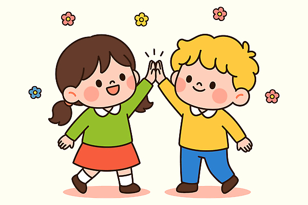 캐릭터 꽃 행복 어린이 컬러 일러스트 모션 놀이 사랑 미소 친구 청춘 만남 즐거움 하이파이브 교류 소통 순간 국내일러스트 AI파일 식물 감정 컨셉 관계 표정 사람 손짓 파일형식 벡터