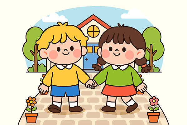 원피스 꽃 행복 어린이 일러스트 반바지 학교 소녀 소년 일상 초록색 파란색 친구 노란색 마을 손잡기 놀이터 포근함 즐거움 국내일러스트 AI파일 식물 옷 여자 교육 남자 감정 컬러 바지 관계 모션 놀이 사람 라이프 감각 파일형식 벡터