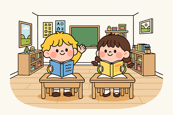 교육 어린이 일러스트 교실 놀이 수업 갈색머리 책 친구 학습 독서 인사 집중 즐거움 노란머리 창의력 상호작용 국내일러스트 AI파일 헤어스타일 감정 컨셉 학교 관계 사람 예절 파일형식 벡터