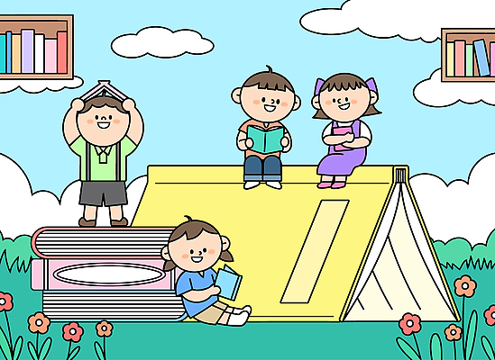 행복 어린이 컬러 일러스트 모션 자연 놀이 책장 표정 텐트 웃음 책 친구 유치원 캠핑 읽기 즐거움 상상력 동심 독서모임 국내일러스트 AI파일 교육 감정 가구 관계 레저 캠핑도구 사람 생태계 파일형식 벡터