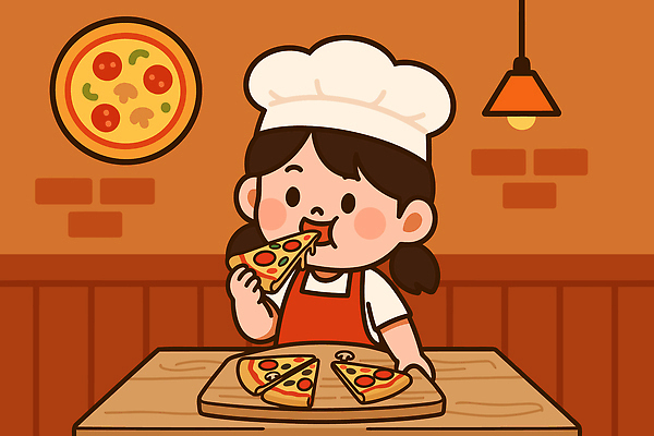 행복 한식 음식 컬러 백그라운드 일러스트 디저트 치즈 피자 요리 미소 소녀 주방 레스토랑 요리사 식사 먹기 즐거움 피자조각 아기자기 국내일러스트 AI파일 직업 여자 감정 어린이 조각 컨셉 모션 유제품 패스트푸드 서양음식 표정 식당 파일형식 벡터