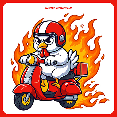 캐릭터 디자인 음식 컬러 일러스트 불꽃 거리 패스트푸드 상점 치킨 오토바이 도시 닭 헬멧 배송 즐거움 서비스 속도 일러캐릭터 AI파일 감정 조류 불 바이크 인스턴트 보호장비 닭고기요리 파일형식 벡터