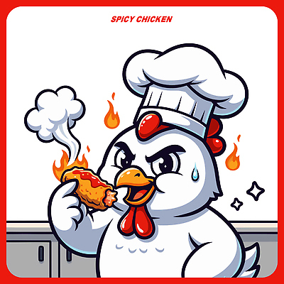 캐릭터 한식 음식 일러스트 요리 주방 요리사 치킨 닭 즐거움 매움 코믹 요리중 일러캐릭터 AI파일 직업 감정 모션 조류 맛 닭고기요리 파일형식 벡터
