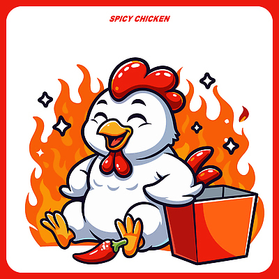 캐릭터 음식 백그라운드 일러스트 불꽃 디저트 미소 웃음 빨간색 귀여움 닭 즐거움 호기심 일러캐릭터 AI파일 감정 컬러 컨셉 조류 불 표정 파일형식 벡터