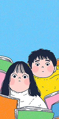 JPG 캐릭터 손 어린이 백그라운드 일러스트 모션 하늘 표정 남매 책 친구 학습 집중 읽기 즐거움 호기심 그림 학원 알록달록 국내일러스트 AI일러스트 AI콘텐츠 교육 감정 컨셉 가족 관계 사람 신체부위 컬러풀 파일형식