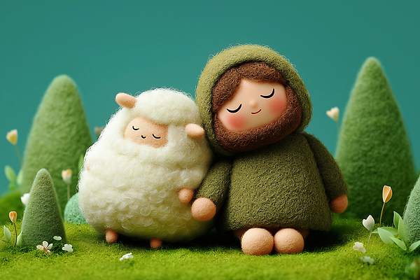 JPG 편집이미지 캐릭터 행복 자연 놀이 초원 초록색 친구 평화 귀여움 양 예수 부드러움 조화 수공예 오후 이미지편집 AI컴퓨터그래픽 AI콘텐츠 감정 컬러 컨셉 포유류 관계 신_종교 감각 공예 생태계 파일형식