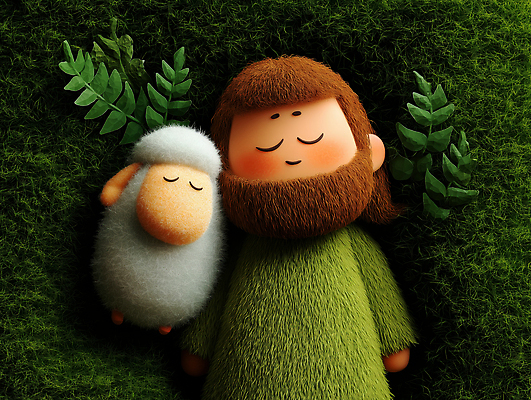 JPG 모양 동물 편집이미지 캐릭터 남자 감정 자연 휴식 초원 초록색 햇빛 평화 양 예수 수면 소프트 이미지편집 AI컴퓨터그래픽 AI콘텐츠 컬러 컨셉 포유류 사람 물 태양 신_종교 생태계 파일형식