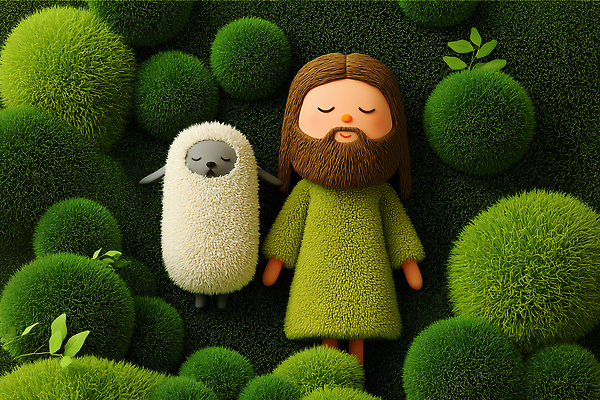 JPG 동물 편집이미지 캐릭터 자연 휴식 초원 일상 초록색 평화 귀여움 미니어처 양 예수 포근함 성직자 구슬 즐거움 이미지편집 AI컴퓨터그래픽 AI콘텐츠 감정 종교 컬러 컨셉 포유류 라이프 모형 신_종교 감각 생태계 파일형식