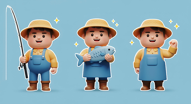 JPG 편집이미지 캐릭터 바다 모션 낚시 작업복 어류 어업 미소 웃음 파란색 손들기 귀여움 잡기 낚싯대 어부 즐거움 편집3D AI컴퓨터그래픽 AI콘텐츠 직업 옷 감정 산업 컬러 컨셉 레저 표정 3D 수중동물 낚시용품 파일형식