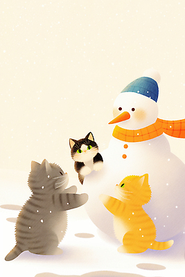 JPG 동물 행복 겨울 일러스트 자연 눈사람 놀이 털 따뜻함 친구 귀여움 스카프 고양이 눈송이 눈덩이 동심 국내일러스트 AI일러스트 AI콘텐츠 계절 감정 컨셉 포유류 관계 눈_날씨 반려동물 목도리 생태계 파일형식