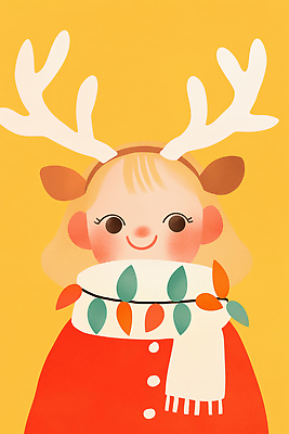 JPG 행복 어린이 컬러 백그라운드 잎 겨울 일러스트 뿔 장식 노란색 귀여움 스카프 만화 즐거움 오브젝트 순록 스타일 국내일러스트 AI일러스트 AI콘텐츠 식물 계절 감정 컨셉 사람 목도리 파일형식