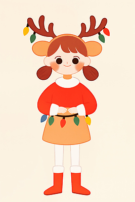 JPG 캐릭터 디자인 옷 행복 어린이 컬러 크리스마스 겨울 일러스트 조명 뿔 따뜻함 장식 축제 아기 분위기 머리장식 순록 국내일러스트 AI일러스트 AI콘텐츠 계절 기념일 감정 컨셉 사람 파일형식
