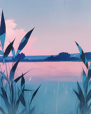 JPG 나무 호수 일러스트 자연 하늘 풍경 파란색 평화 일몰 수중식물 물안경 동양화 조화 뷰티풀 브금 차분 국내일러스트 AI일러스트 AI콘텐츠 식물 컬러 컨셉 미술 노을 생태계 수영용품 신조어 파일형식