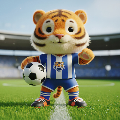 JPG 편집이미지 캐릭터 스포츠 유니폼 축구공 모션 초록색 귀여움 축구 어둠 경기장 호랑이 팬시 활기 편집3D AI컴퓨터그래픽 AI콘텐츠 옷 컬러 컨셉 공 축구용품 포유류 스포츠시설 3D 구기 파일형식