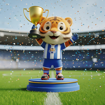 JPG 동물 편집이미지 캐릭터 행복 스포츠 응원 친구 축제 축구 경기장 기쁨 우승 호랑이 트로피 스포트라이트 편집3D AI컴퓨터그래픽 AI콘텐츠 감정 포유류 스포츠시설 관계 3D 구기 최고 상_우승 파일형식