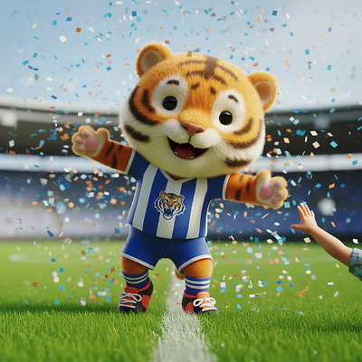 JPG 편집이미지 캐릭터 어린이 스포츠 응원 이벤트 축구 경기장 기쁨 호랑이 군중 즐거움 화합 오후 편집3D AI컴퓨터그래픽 AI콘텐츠 감정 포유류 스포츠시설 사람 3D 구기 파일형식