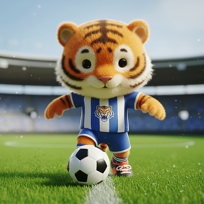 JPG 동물 편집이미지 캐릭터 스포츠 유니폼 축구공 공 놀이 웃음 귀여움 미식축구 축구 경기장 호랑이 활기 편집3D AI컴퓨터그래픽 AI콘텐츠 옷 컨셉 축구용품 포유류 스포츠시설 표정 3D 구기 파일형식