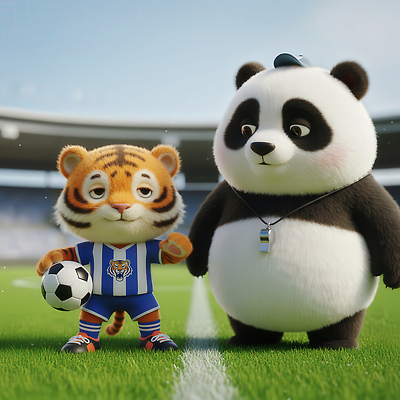 JPG 편집이미지 캐릭터 스포츠 유니폼 공 자연 필드 협력 친구 운동 축구 호랑이 판다 구경 즐거움 편집3D AI컴퓨터그래픽 AI콘텐츠 옷 감정 곰 포유류 관계 건강 3D 구기 생태계 파일형식