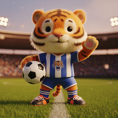 JPG 편집이미지 캐릭터 어린이 스포츠 유니폼 공 응원 협력 경기 친구 축구 경기장 호랑이 분위기 즐거움 편집3D AI컴퓨터그래픽 AI콘텐츠 옷 감정 컨셉 포유류 스포츠시설 관계 사람 3D 구기 파일형식