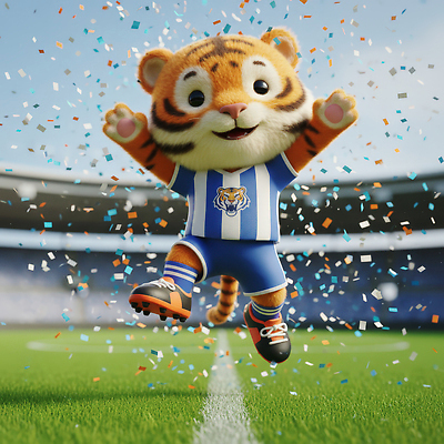 JPG 편집이미지 캐릭터 어린이 인형 유니폼 축구공 경기 축제 축구 운동장 기쁨 호랑이 즐거움 편집3D AI컴퓨터그래픽 AI콘텐츠 옷 감정 스포츠 공 축구용품 포유류 스포츠시설 사람 3D 구기 공간 파일형식