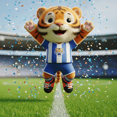 JPG 편집이미지 캐릭터 기념일 어린이 스포츠 응원 모션 점프 축제 축구 경기장 기쁨 축하 호랑이 스포트라이트 편집3D AI컴퓨터그래픽 AI콘텐츠 감정 컨셉 포유류 스포츠시설 사람 이벤트 3D 구기 파일형식