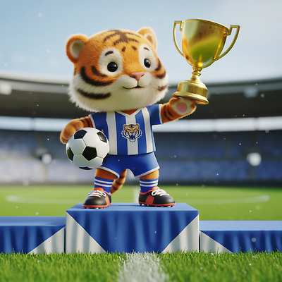 JPG 편집이미지 캐릭터 스포츠 포즈 유니폼 축구공 미소 귀여움 축구 경기장 게임 축하 우승 호랑이 트로피 편집3D AI컴퓨터그래픽 AI콘텐츠 옷 컨셉 공 축구용품 포유류 스포츠시설 놀이 표정 3D 구기 최고 상_우승 파일형식