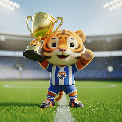 JPG 동물 편집이미지 캐릭터 스포츠 성공 협력 경기 축구 경기장 기쁨 축하 우승 호랑이 트로피 편집3D AI컴퓨터그래픽 AI콘텐츠 감정 컨셉 포유류 스포츠시설 3D 구기 최고 상_우승 파일형식