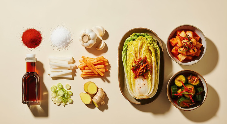 JPG 편집이미지 채소 재료 김치 마늘 요리 당근 신선 무 배추 간장 소금 파 생강 고춧가루 편집실사 한식 뿌리채소 양념 가루 CG 파일형식