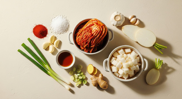 JPG 편집이미지 한식 채소 식재료 재료 김치 마늘 요리 양념 무 배추 파 고춧가루 편집실사 음식 뿌리채소 가루 CG 파일형식