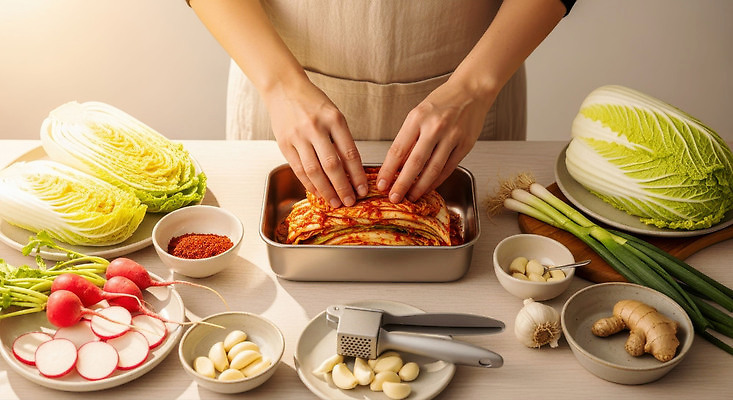 JPG 편집이미지 손 한식 채소 재료 식탁 김치 마늘 요리 주방 무 양배추 파 생강 고춧가루 편집실사 음식 탁자 뿌리채소 신체부위 가루 CG 파일형식