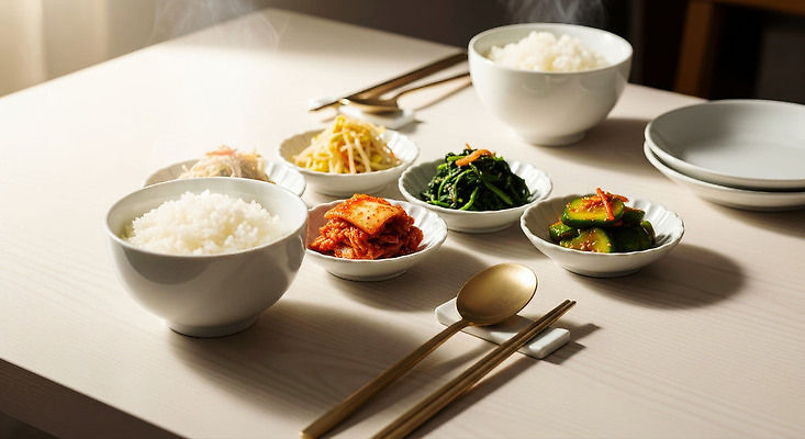 JPG 편집이미지 한식 가족 밥 반찬 김치 따뜻함 식사 쌀 밥상 콩나물 국물 시금치 건강식 오이무침 집밥 편집실사 음식 채소 관계 탁자 곡류 CG 나물 무침 파일형식